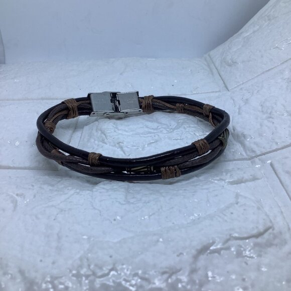 Unisex Brown Leather Rope Wrist Bracelet with Stainless Steel - Picture 2 of 7